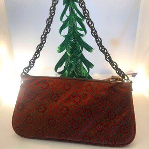 J. Crew Silk Green Red Baguette Small Zip Clutch